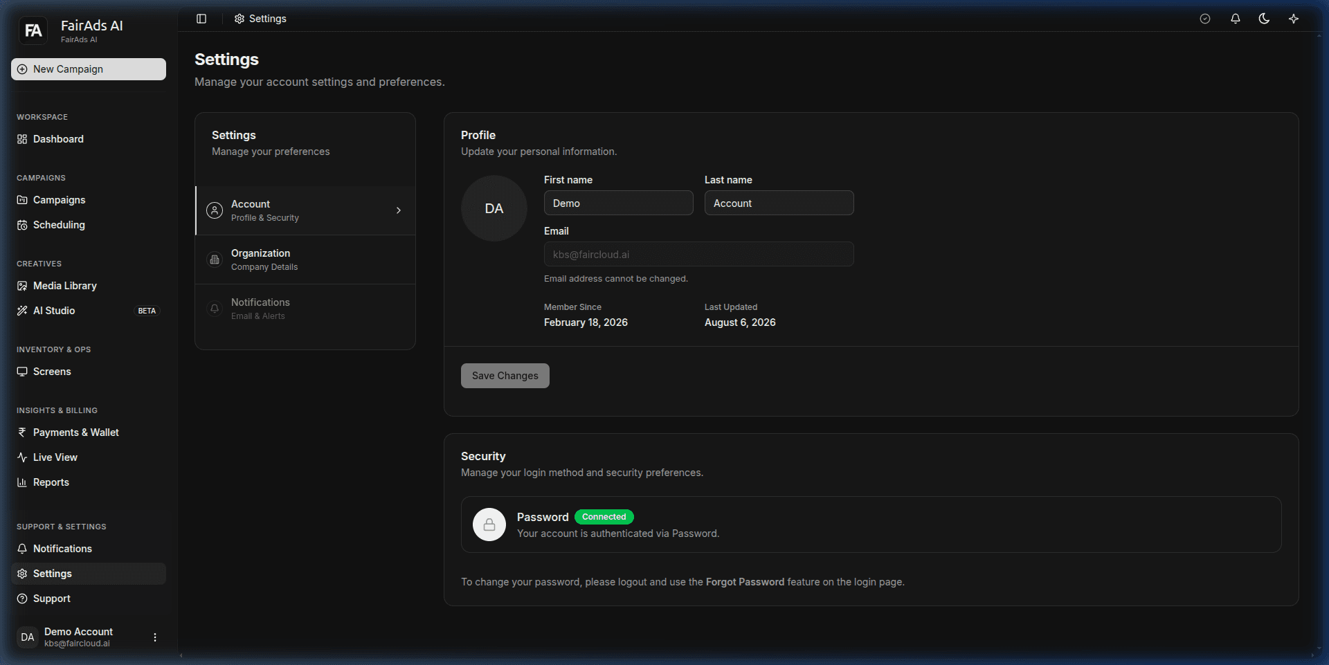 FairAds AI Account & Profile Settings