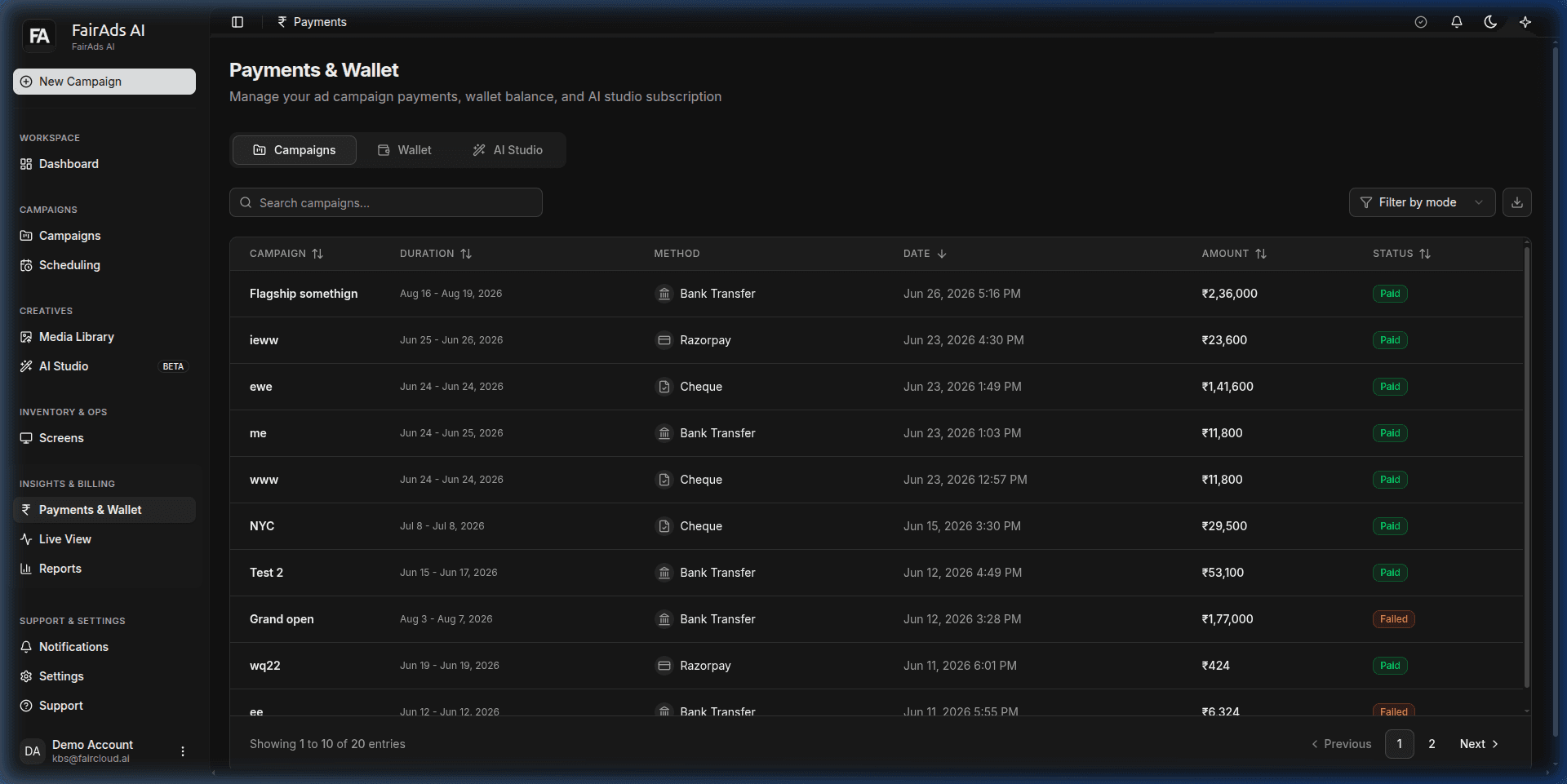 FairAds AI Payments & Wallet Dashboard