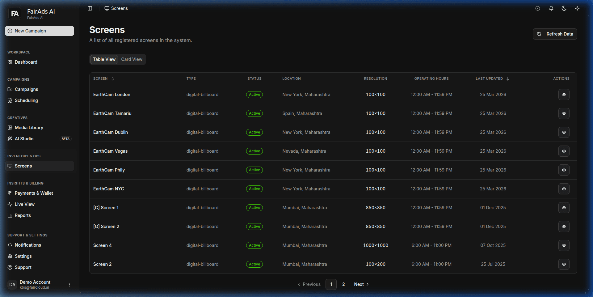 FairAds AI Screen Inventory Dashboard